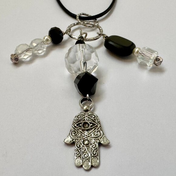 Necklace handmade 3 tier dangle silvertone hamsa clear black glass/beads OOAK - Picture 3 of 9
